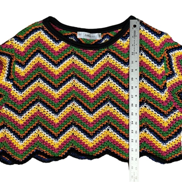 ZARA KNIT Multicolor Cropped Crochet Sweater Long Bell Sleeve ZigZag sz M - Picture 4 of 8
